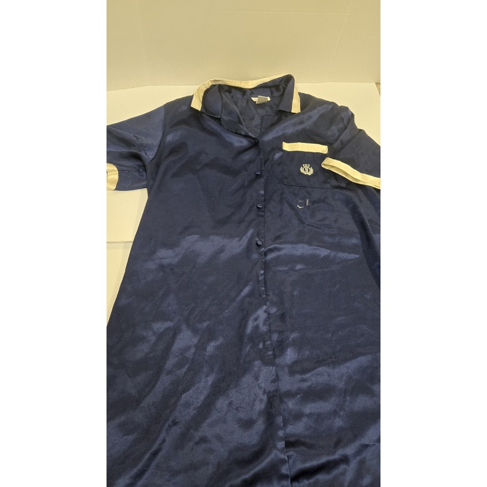 Vintage Jones New York Nightgown 1X Navy Blue Satin Sleep Shirt Crest Pocket